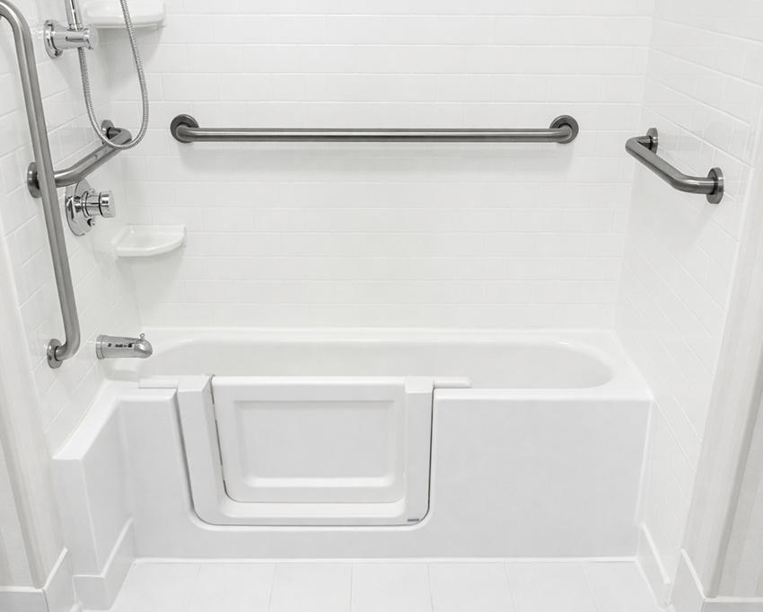Handicapped disabled access bathroom bathtub with grab bars and door