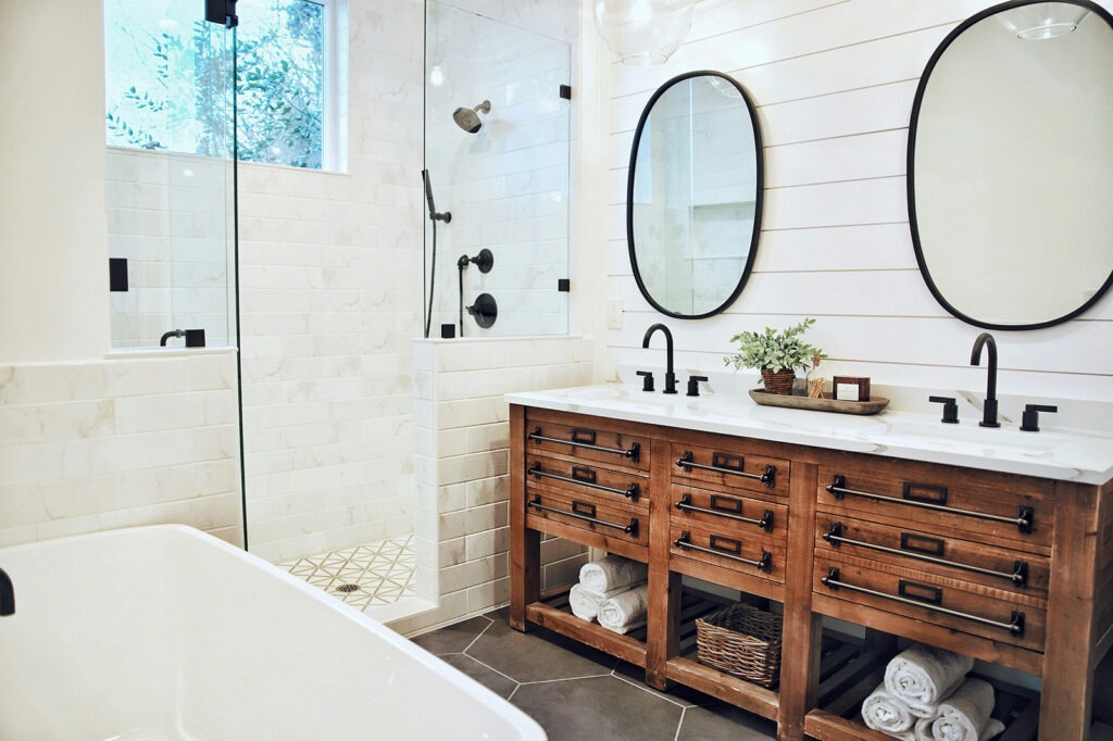 rustic meets modern full bathroom